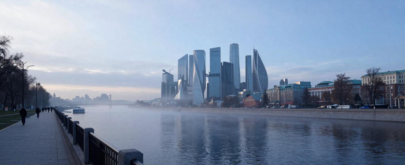 Иллюстрация: набережная Москвы-реки на рассвете, туман, современные башни вдали